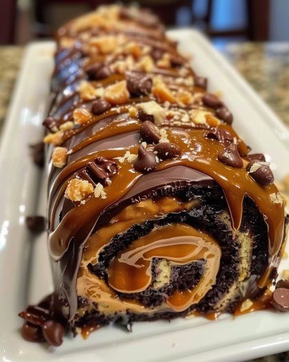 Chocolate Caramel Pecan Swiss Roll Cake